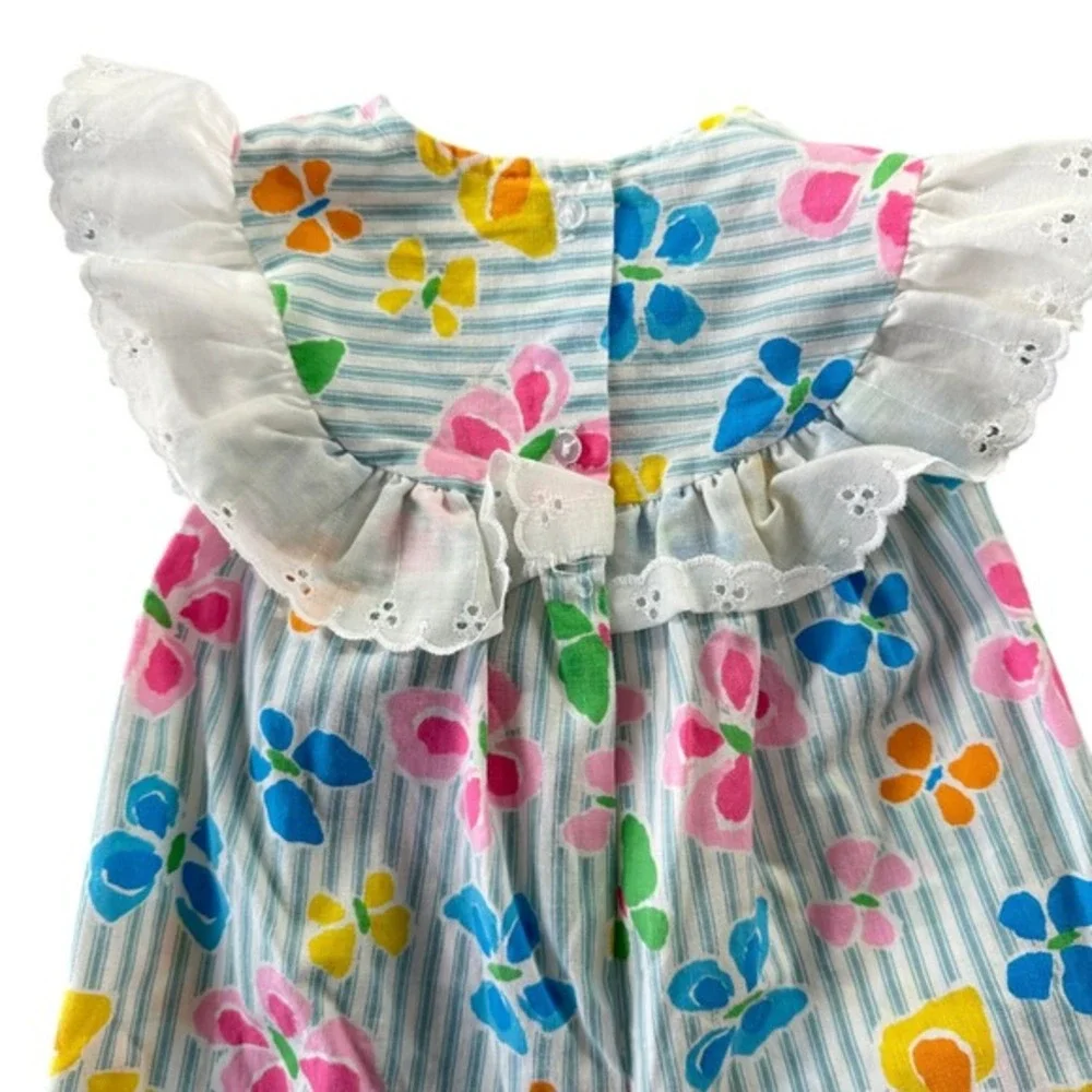Vintage Baby Girl Ruffle Butterfly Romper Blue‎ Striped Eyelet Lace 12M Kidcore